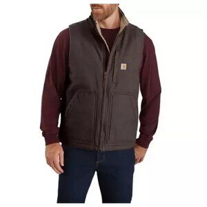 NWT Men's dark Brown Carhartt Loose Fit Washed Duck Sherpa-Lined Mock Vest L